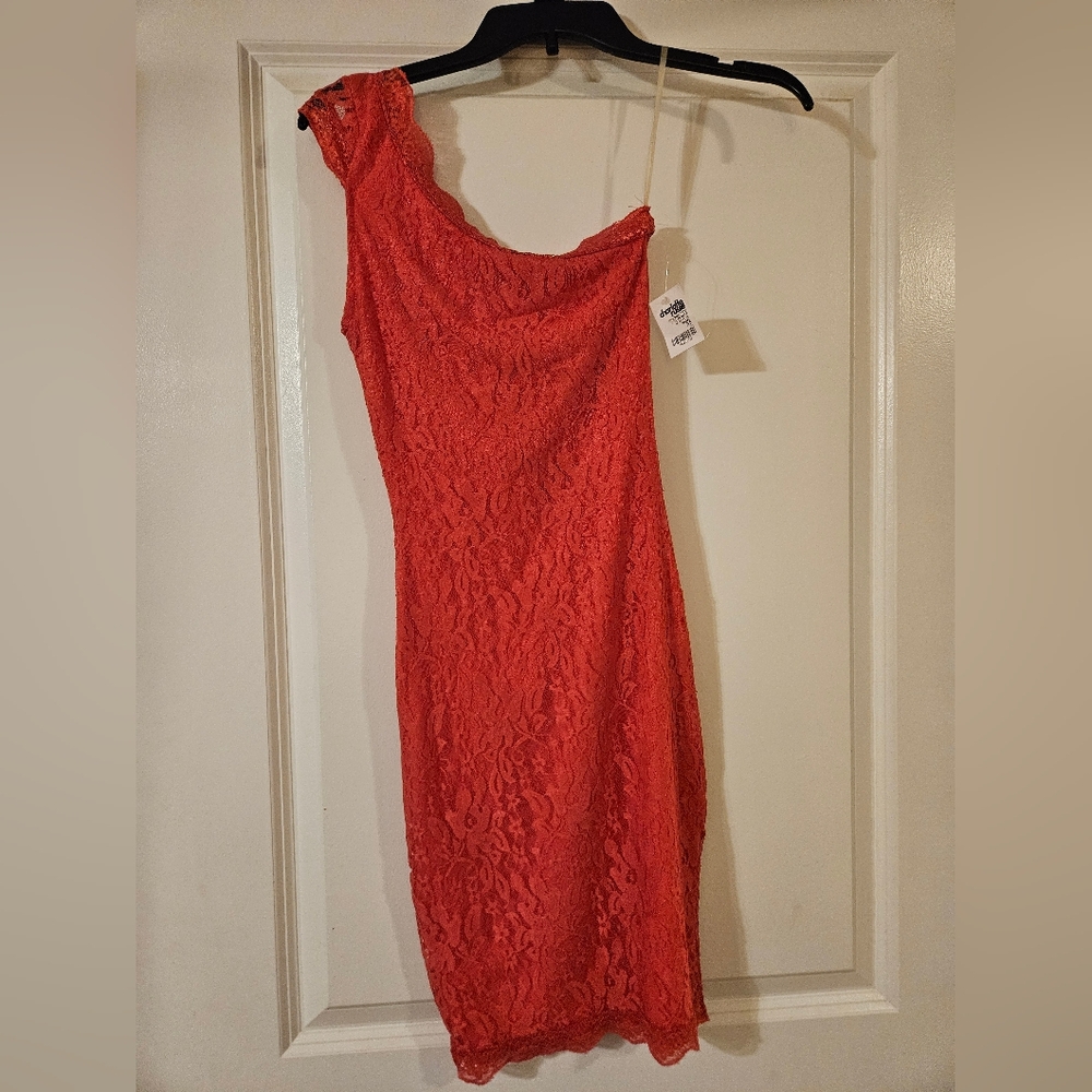 Charlotte Russe Lace Coral Pink One Shoulder Dress, XS, NWT